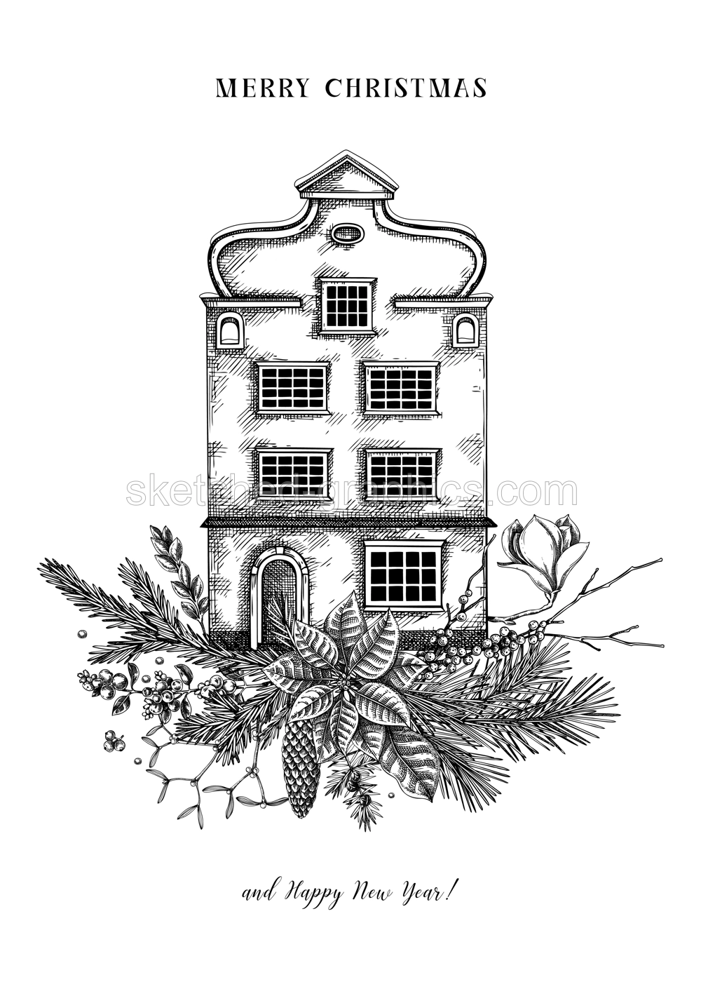 Merry Christmas card design. New Year flyer template. Architecture sketch. Winter decoration. Hand-drawn floral illustration. Floral art. NOT AI generated Illustration